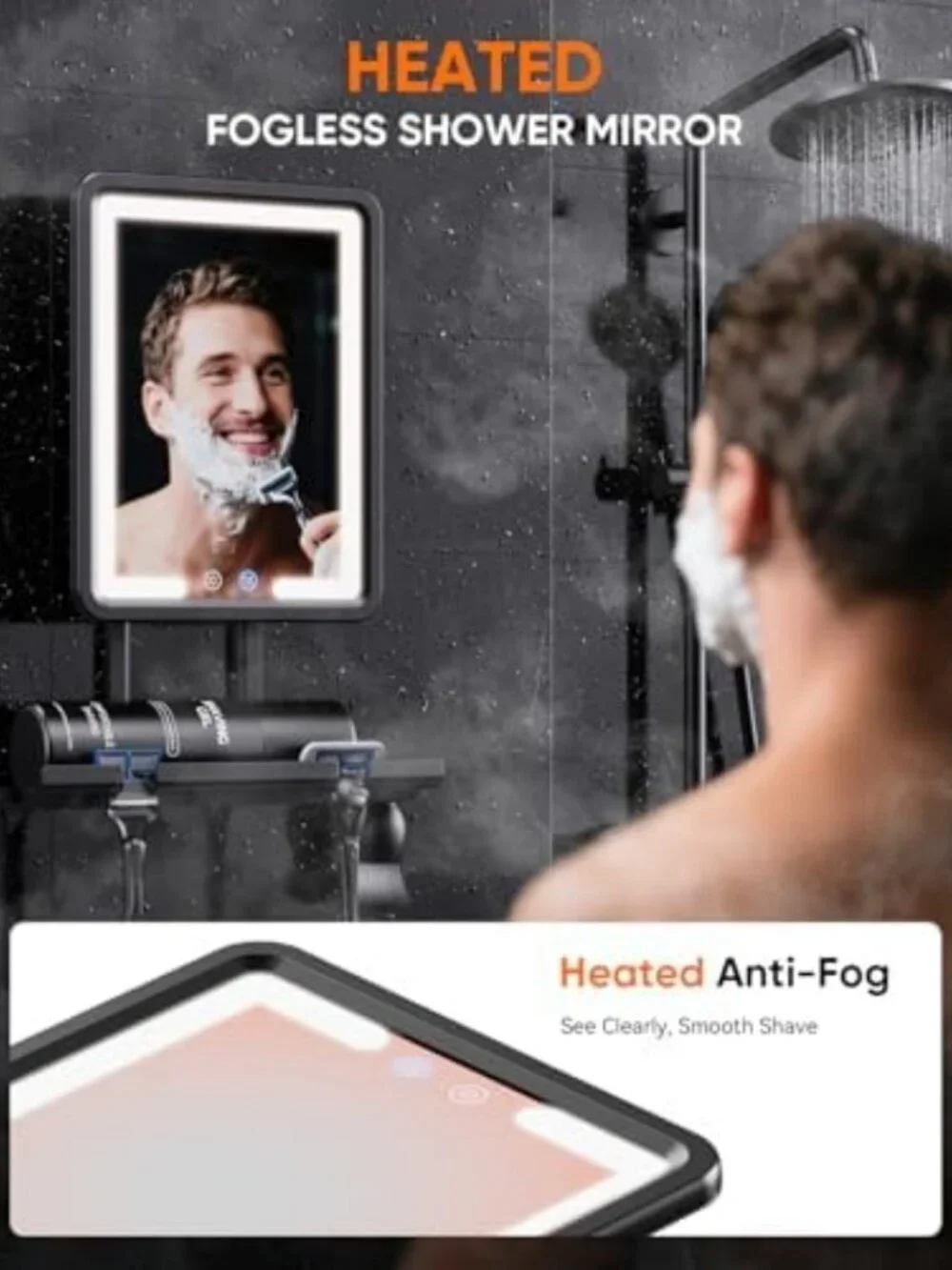 Fogless Heated Shower Mirror for Shaving - Dimmable Lights, Anti-Fog, No-Drill